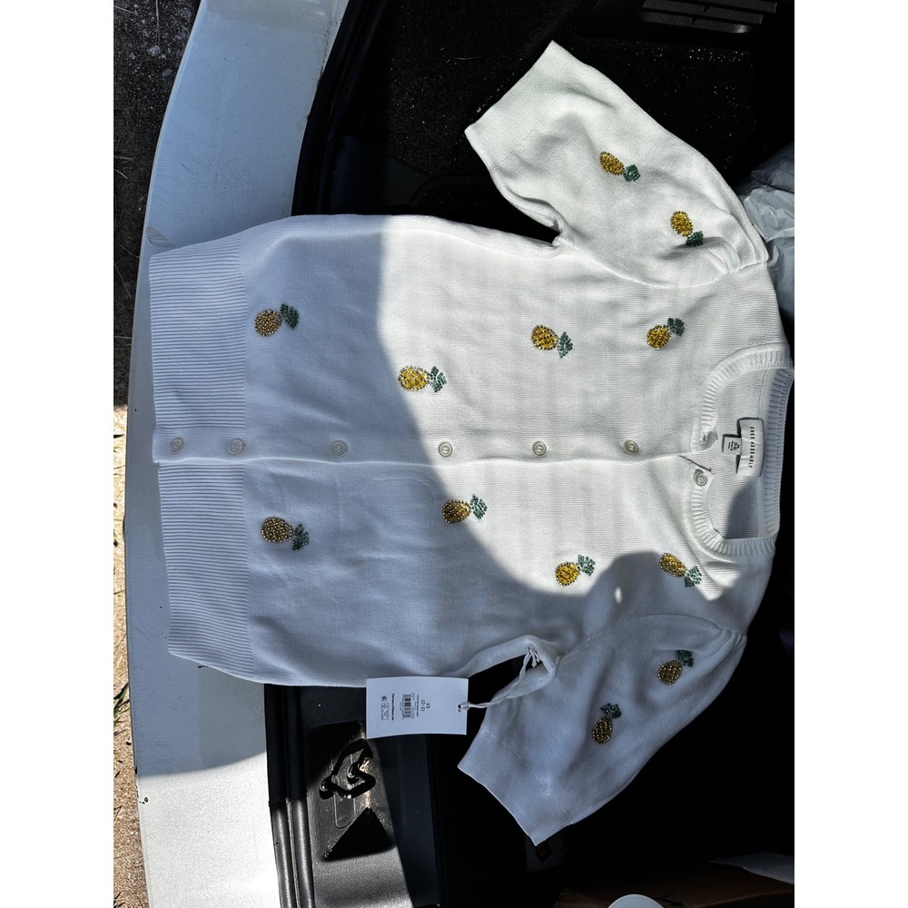 Free Assembly Womens Cream Pineapple Embroidered Puff Sleeve Cardigan Sweater XS